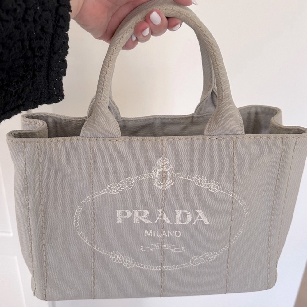 Authentic Prada denim small Canapa tote in Grey.